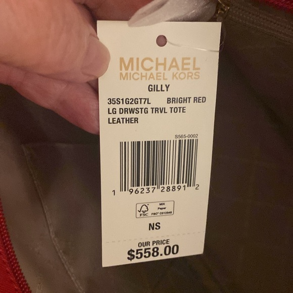 Michael Kors NWT Bright Red Travel Tote, Leather, width-17”, height-11.5”. Beaut - Picture 8 of 8